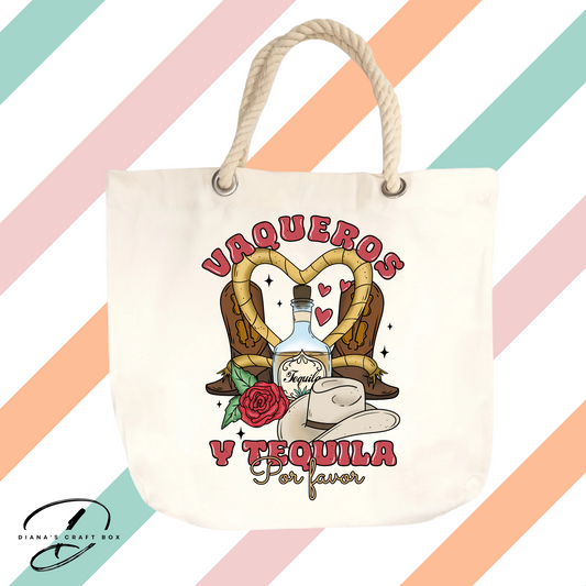 Vaqueros y tequila porfavor rope tote bag