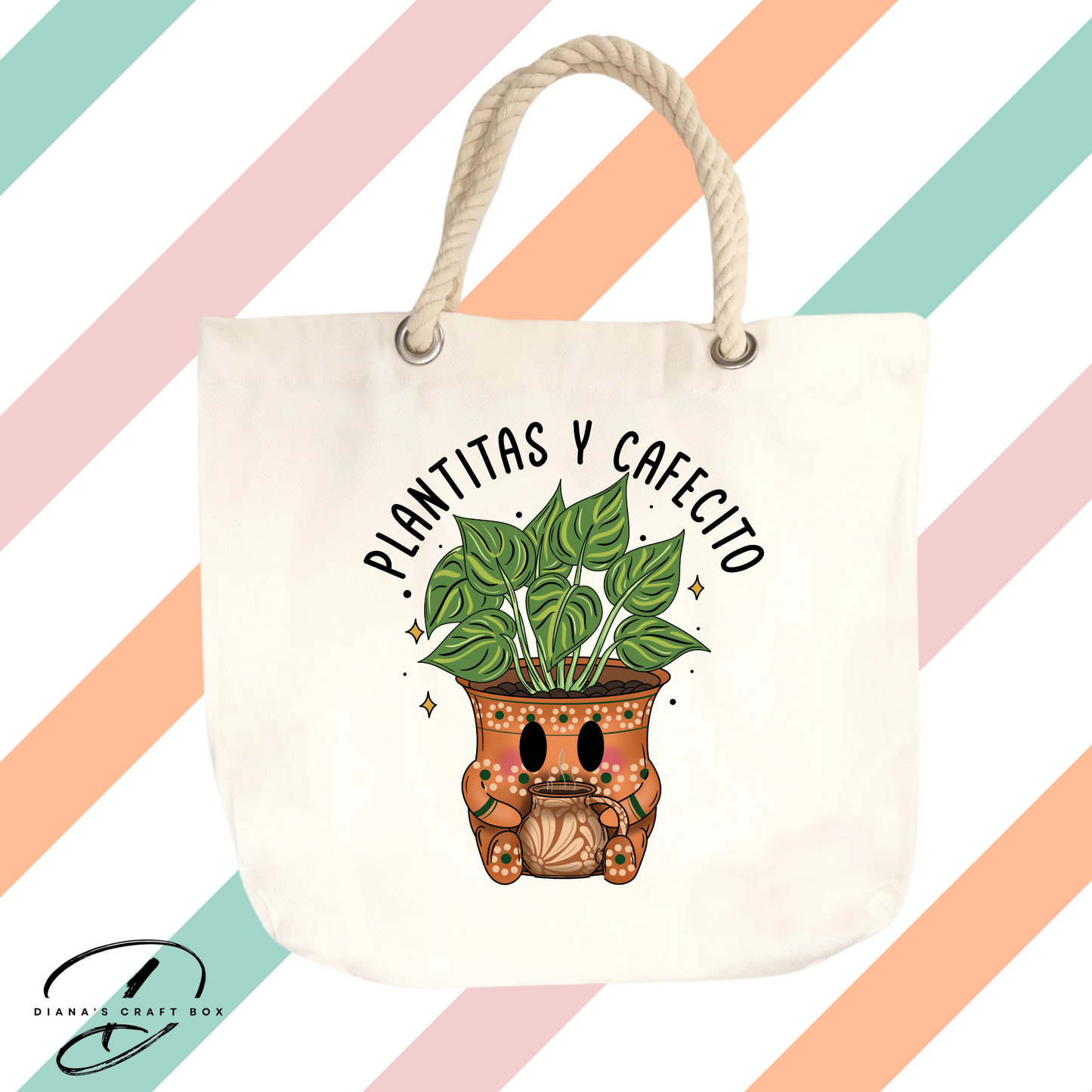 Plantitas and cafecito rope tote bag